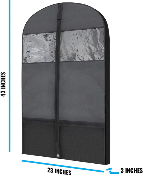 Plixio Gusseted Garment Bags Suit Bag for Travel and Clothing Storage of Dresses, Dress Shirts, Coats€” Includes Zipper Pockets and Large Transparent Window (2 Pack: 43" x 24" x 3.4")