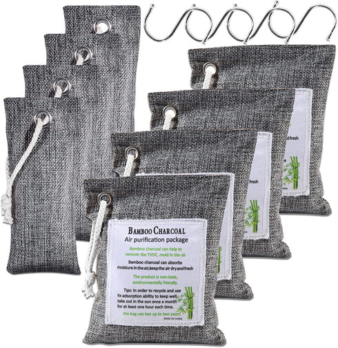 Bamboo Charcoal Air Purifying Bag,Charcoal Odor Absorber,Bamboo Charcoal Air Purifying Bags,Activated Bamboo Charcoal for Home,Pets,Car,Closet,Basement,8 Pcs Set(4x200g,4x50g,4 hooks)