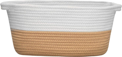 Dog Toy Basket White Brown Cotton Rope Basket Shallow Cute Pet Toy Storage Bin Home Storage Woven Basket for Living Room Clothes Towel Blanket Item Storage Basket