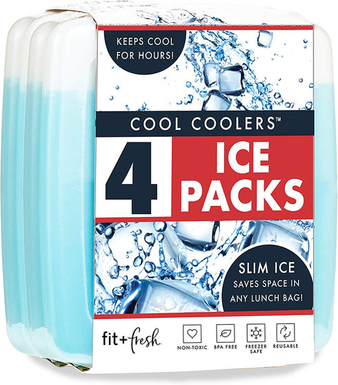 Cool Coolers by Fit + Fresh, Reusable & Long-Lasting Slim Ice Packs, Perfect Addition To Your Lunch Box, Camping Accessories, Insulated Lunch Bag, Beach Cooler Backpack & More, 4PK, Clear Blue