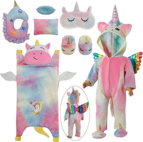 Windolls Girl 18 Inch Doll Sleeping Bag & Clothes Accessories Set - Unicorn Doll Costume with Unicorn Style Sleeping Bag, Eye Masks, Pillow, Slippers - Fits My Life, Generation, Journey Dolls