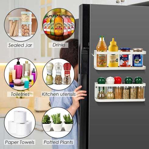 jocabo Magnetic Spice Rack 2 Pack Refrigerator Shelf Wall Mount Metal Seasoning Storage Fridge Organizer Utensils Towel Book Shelves Home Kitchen Jar Containers Holder W 4 Hooks -White (LKJ2B)