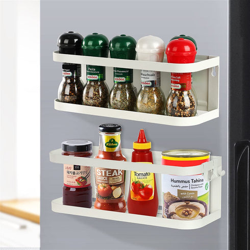jocabo Magnetic Spice Rack 2 Pack Refrigerator Shelf Wall Mount Metal Seasoning Storage Fridge Organizer Utensils Towel Book Shelves Home Kitchen Jar Containers Holder W 4 Hooks -White (LKJ2B)