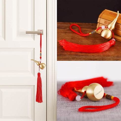 PAKUNDAS Feng Shui Brass Wu Lou Golden Gourd with Red Luck Strip Treasure Pendant for Bedroom,Car Hanging Ornaments,Fortune Protection,Hu Lu Bring Good Luck Safty Success,2.75inch Tall,100% Brass