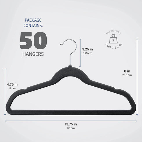 ZOBER Premium Kids Velvet Hangers (14 Inch - 50 Pack) Non Slip Baby Hangers, Ultra Slim Space Saving Childrens Hangers - 360Degree Swivel Hook, Strong & Durable Infant/Toddler Hangers (Medium - Black)