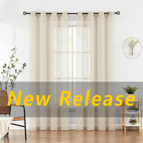FMFUNCTEX Linen Sheer Curtains Living-Room 84inch Long Modern Semi Sheer Window Panel Drapes for Farmhouse Bedroom Grommet Top, Natural, 55" w 1 Pair 7ft