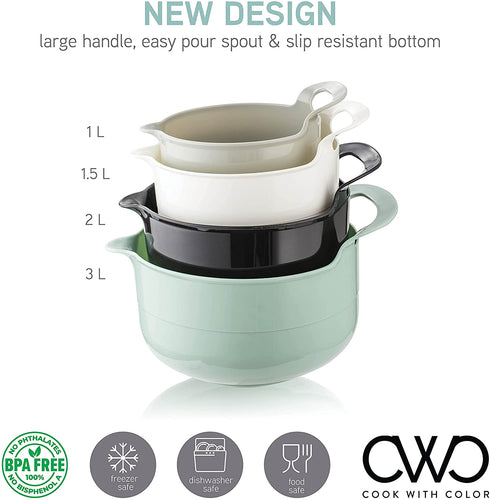 Cook with Color Mixing Bowls - 4 Piece Nesting Plastic Mixing Bowl Set with Pour Spouts and Handles (Mint)