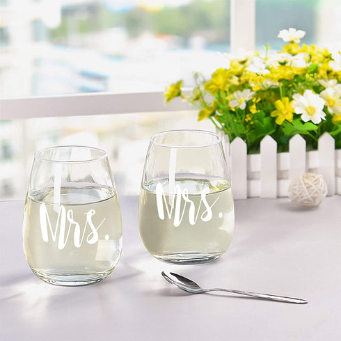 Modwnfy Mrs and Mrs Stemless Wine Glass Set of 2, Couple Set for Her Wife Girlfriend Lesbian Couple, Unique Gift Idea for Wedding Engagement Valentines Day Birthday Anniversary, 15 Oz