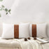 cygnus Set of 2 White Linen Patchwork Faux Leather Throw Lumbar Pillow Covers for Couch Living Room Bedroom,Modern Accent Decor Lumbar Cushion Covers 12X20 inch, Brown and White