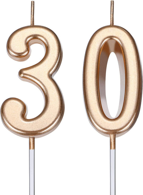 30th Birthday Candles Cake Number Candles Happy Birthday Cake Candles Topper Decoration for Birthday Wedding Anniversary Celebration Favor, Champagne Gold