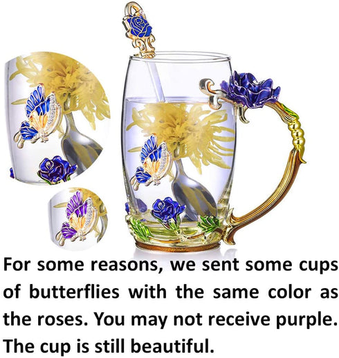 Tea Cup Glass Coffee Mugs Enamel Rose Flower Butterfly Drinking Cups with Spoon Set Unique Gifts for Birthday Wedding Christmas Blue Rose Tall Mug 12oz