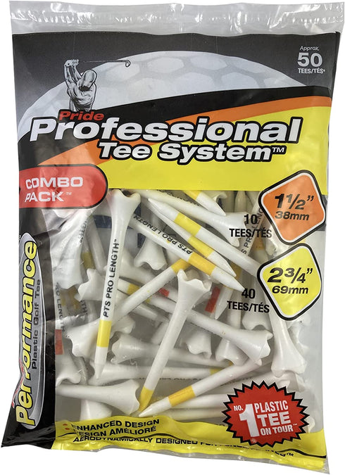 Pride Professional Tee System Plastic Golf Tees (Pack of 50), 40 Count 2-3/4-Inch + 10 Count 1-1/2-Inch,White