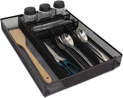 JANE EYRE Sturdy Utensil Drawer Organizer, Cutlery Tray, Silverware/Flatware Storage Divider for Kitchen, Mesh Designing with Non-slip Rubber Feet (Black)