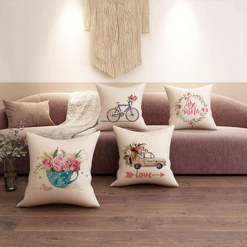 FIBEROMANCE Valentines Pillow Covers 18 x 18 Inch Load of Flower Car Bicyle Be Mine Decorative Cushion Cases Pillow Case for Sofa Couch Bedroom Car Spring Home Decor Cotton Square Pillowcase Set of 4