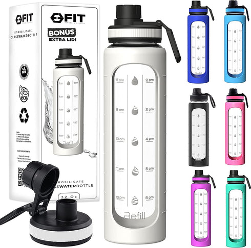 32 oz Glass Water Bottle with Time Marker - EXTRA LID, Reusable, Wide Mouth, Leakproof, 1 Liter Glass Drinking Bottle, Insulated Water Bottle with Silicone Sleeve, Motivational Water Bottle, Waterbottle With Hydrating Reminder (White Sleeve)