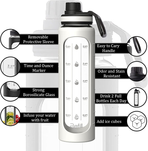 32 oz Glass Water Bottle with Time Marker - EXTRA LID, Reusable, Wide Mouth, Leakproof, 1 Liter Glass Drinking Bottle, Insulated Water Bottle with Silicone Sleeve, Motivational Water Bottle, Waterbottle With Hydrating Reminder (White Sleeve)