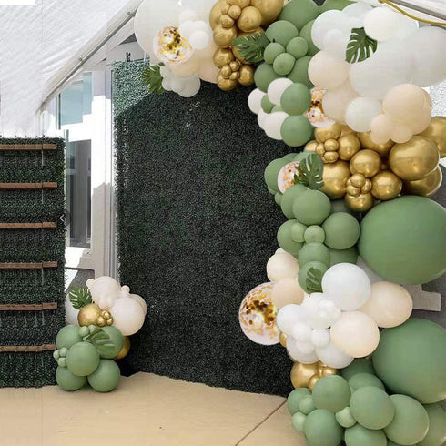 OLYYTAO Olive Green Balloon Garland Arch Kit-132PCS Artificial Palm Leaves Retro Green Balloons White Gold Confetti and Gold Metallic Chrome Latex Balloons for Wedding Birthday Baby Shower DIY Decorations