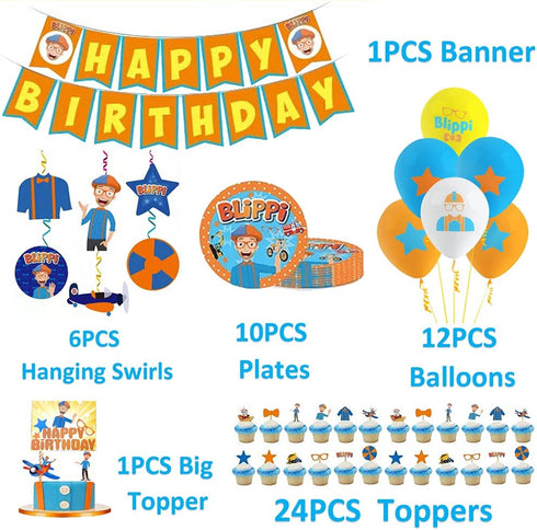 VWORK Blippi Party Supplies, Blippi Birthday Party Decorations for Kids and Teens, Include Banner, Hanging Swirls, Balloons, Cake Toppers, Plates