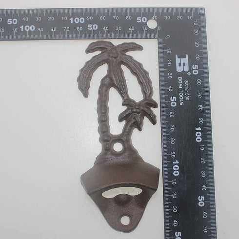 Outdoor Retro Palm Tree Cast Iron Beer Bottle Opener Wall Mounted with Vintage Stainless Steel Cap Catcher for Beach Theme Party