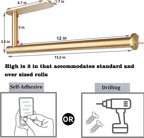 Gold Paper Towel Holder Under Cabinet Mount Wall Kitchen Countertop Paper Towel Rack with Adhesive and Screws, Stainless Steel Resistant Corrosion & Rust