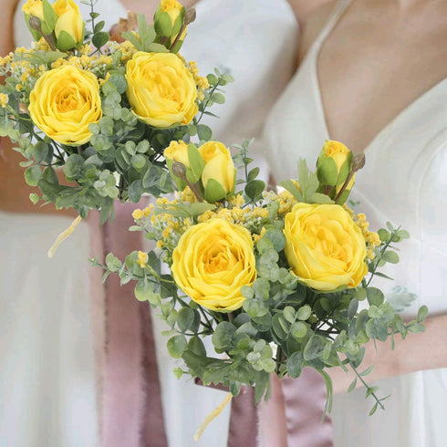 HUAESIN Fake Flowers 2 Pcs Artificial Rose Baby Breath Flowers Bouquet Yellow Plastic Eucalyptus Leaves for Wedding Bouquets Hotel Office Home Art Hall Garden Table Centerpieces Decor