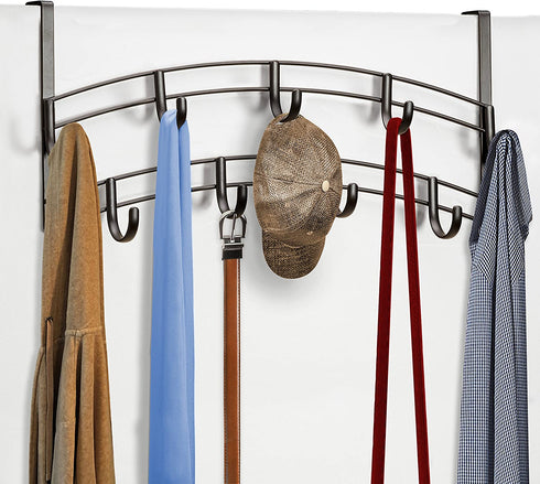 Lynk Over Door 9 Hook Rack Shirt, Belt, Hat, Coat, Towel Organizer, Bronze