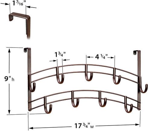Lynk Over Door 9 Hook Rack Shirt, Belt, Hat, Coat, Towel Organizer, Bronze