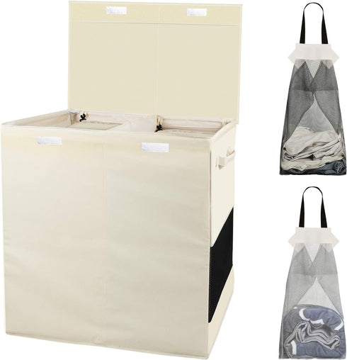 HOUSE AGAIN Double Laundry Hamper with Lid and Removable Laundry Bags, 160L, 2 Section Clothes Hamper with Handles for Bedroom, Bathroom, Laundry Sorting, Large Seperated Clothes Basket (Beige)
