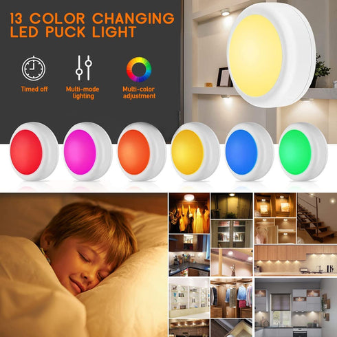 13 Color LED Puck Lights with Remote Control, Wireless Under Cabinet Lighting, Battery Powered Lights, Stick on Lights, Color Changing Lights with Dimmer and Timer, AA Battery Operated Closet Light