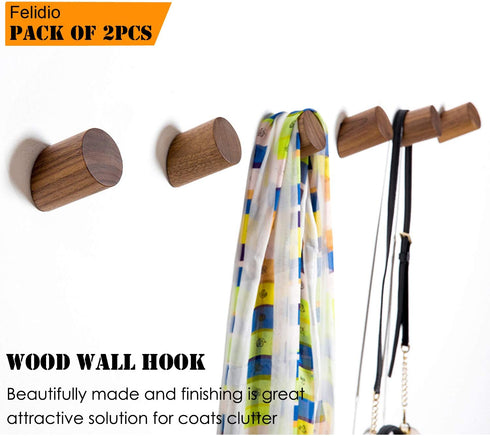 Wall Hooks, Felidio Natural Wood Coat Hooks Wall Mounted (Pack of 2pcs) - Rustic Wall Coat Rack Hat Hooks Robe Hook Entryway Wall Hangers Heavy Duty Hooks for Hanging Towels (Black Walnut)