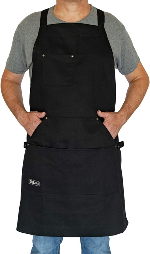 Professional Chef Apron for Men Women Cooking Kitchen BBQ Grill with Large Tool Pockets, Adjustable Size, Cotton Black, Quick Release Buckle, Dual Side Loops