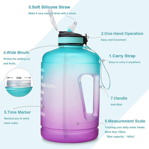 BOTTLE BOTTLE Gallon Water Bottle motivational with Straw & Big Handle, Large 1 Gallon Water Bottle with Time Marker , BPA Free Leakproof Water Jug for Fitness and Outdoor Sports.