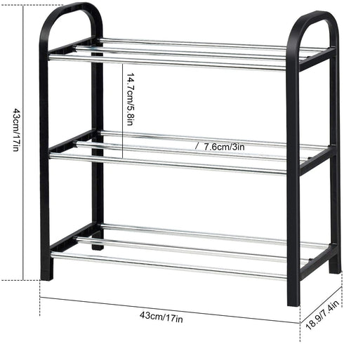 NiHome Shoe Rack Organizer Multipurpose 3-Tier Small Size Vertical Footwear Display Shelf Compact Sturdy Metal Frame Lightweight 6 Pairs for Closet Hallway Entryway Living Room Bedroom Attom (Black)