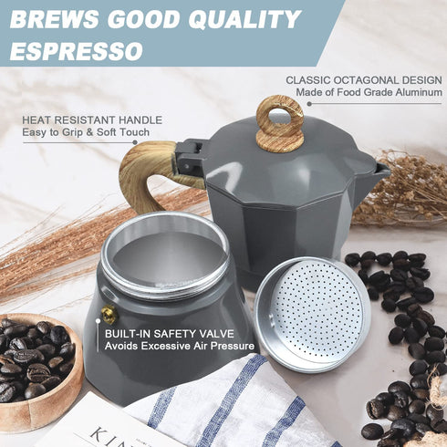 KASSO Stovetop Espresso Maker, 6 Cup Aluminum Moka Pot for Classic Espresso, Italian Coffee Maker for Home and Camping, Easy to Operate & Quick Cleanup (Grey and Burlywood)