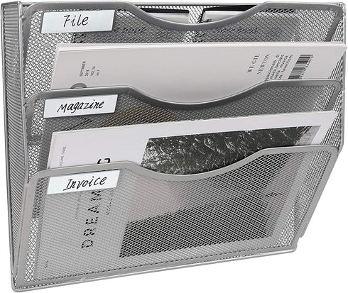 EasyPAG 3 Pocket Wall Mounted File Organizer Vertical Hanging File Folders Holder Paper Rack for Office Home,Silver