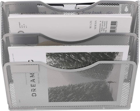 EasyPAG 3 Pocket Wall Mounted File Organizer Vertical Hanging File Folders Holder Paper Rack for Office Home,Silver