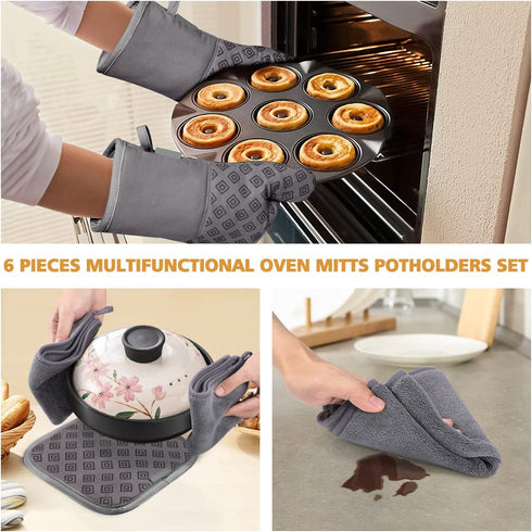 Oven Mitts and Pot Holders Kitchen: 500° Heat Resistant Oven Gloves Silicone Ovenmitts Hotpads Set - Quilted Long Kitchen Mittens Potholders Washable Mits Hot Pads Flexibility for Baking