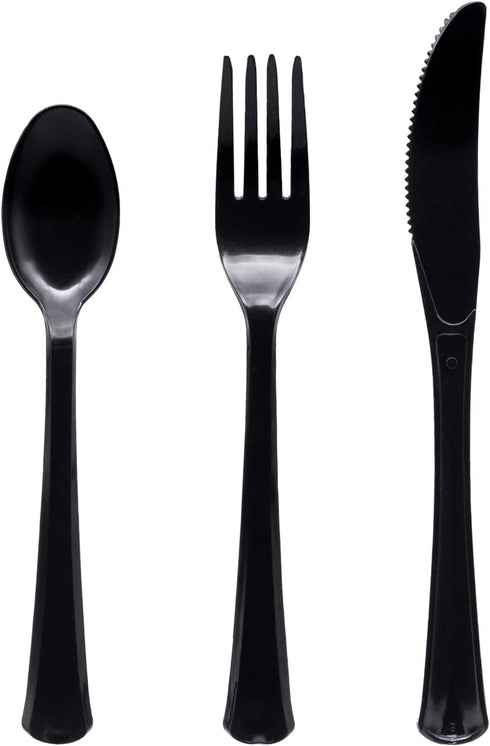 Party Essentials Extra Heavy Duty Hard Plastic Cutlery Combo Pack, Full Size Knives/Forks/Spoons, Black, 96-Pieces/ 32-Place Settings (N1224BK-4)