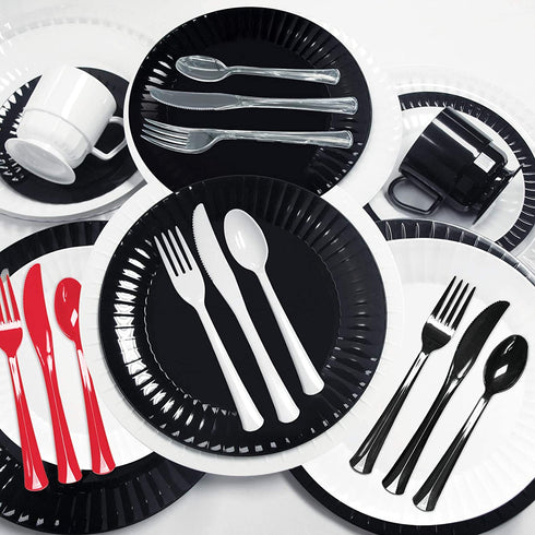 Party Essentials Extra Heavy Duty Hard Plastic Cutlery Combo Pack, Full Size Knives/Forks/Spoons, Black, 96-Pieces/ 32-Place Settings (N1224BK-4)