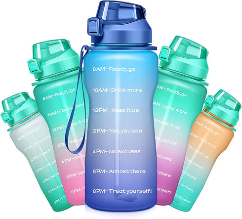 Ahape Gallon Motivational 64/100 oz Water Bottle with Time Marker & Straw, Large Daily Water Jug for Fitness Gym Outdoor Sports, Remind of All Day Hydration, Leak Proof, BPA Free (blue+purple, 100oz)