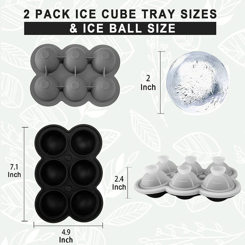LiyuanQ Ice Cube Trays 2 Pack Large Silicon Ice Cubes Mold 2-Inch Ice Ball Maker Round Ice Mold with Funnel and Lid, Easy-Release, No Leakage, for Whiskey, Cocktail, Juice, Party (Black & Grey)