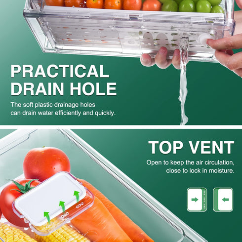Set of 3 Fruit Vegetable Storage Container Refriger Organizer Food Bin Stackable Durable Pantry w Drawers,Pull-out Design Cabinet Containers w/ Lid Ventilation for Keeping Fruit Vegetable Fresh