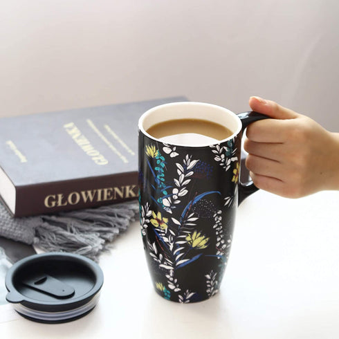 TZSSP Coffee Ceramic Mug Porcelain Latte Tea Cup With Lid 17oz. Black