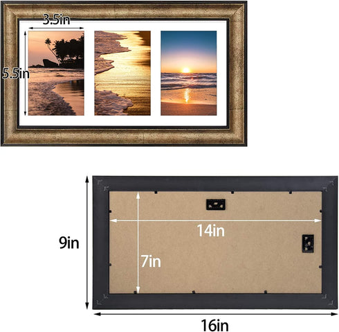 Golden State Art, Wall Display Picture Frame - Collage Style, White Mat - 7x14 for 4x6 Photos, Antique Gold
