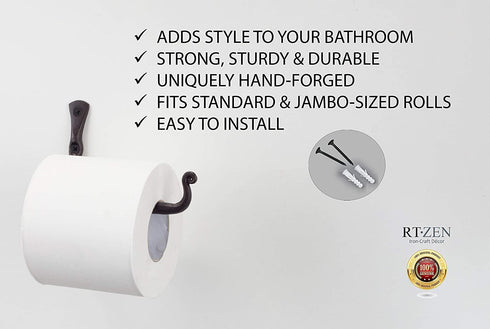 RTZEN Bathroom Toilet Paper Holder - Handcrafted Rustic Wrought Iron Wall Decor Toilet Roll Holder - Black Matte Wall Mount Toilet Paper Bar for Modern Farmhouse Bathroom Decor