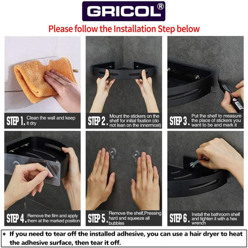 Gricol Adhesive Corner Shelf Bathroom Shower Caddy Basket for Kitchen Toilet No Drilling Shower Storage organizer 2-Tier, Black
