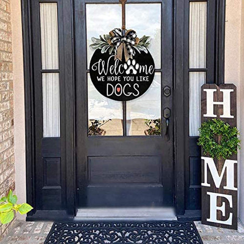 Welcome Wreath Sign for Farmhouse Front Porch Decor - We Hope You Like Dogs - Door Hanging with Premium Greenery - Gift for Christmas Housewarming Holiday Home Decoration
