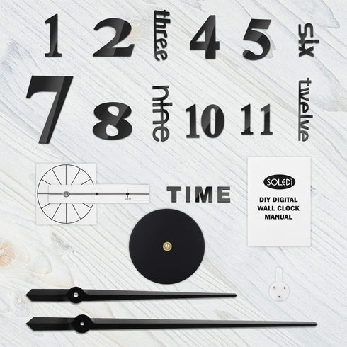 SOLEDI Wall Clock for Living Room Decor Large Modern Wall Clock for Blank Wall Easy to Assemble, Adjustable Size, Frameless DIY 3D Mirror Wall Clock Sticker (Black)