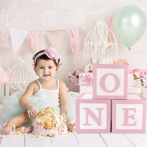 First Birthday Decorations for Girl Pink ONE Boxes ,3Pcs ONE Balloon Boxes Baby 1st Birthday Girl Decorations with 2 Set of ONE letters,DIY ONE Blocks for Pink Girls Teddy Bear Baby Shower Decorations Photoshoot Props