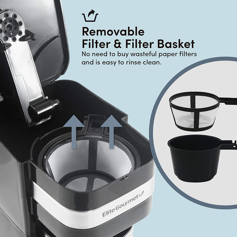 Elite Gourmet EHC111A Personal Single-Serve Compact Coffee Maker, with Pause N Serve, Reusable Filter, On/Off Switch, Water Level Indicator, 14-oz, Black